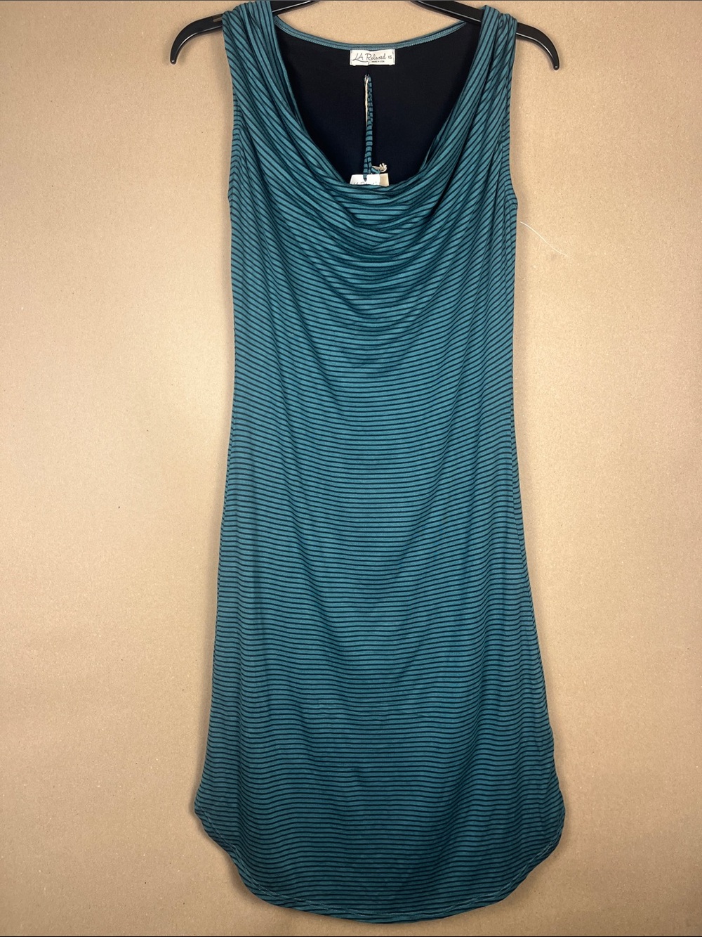 LA Relaxed XS Cowl Neck Dress Clean Girl Teal Stripe NWT